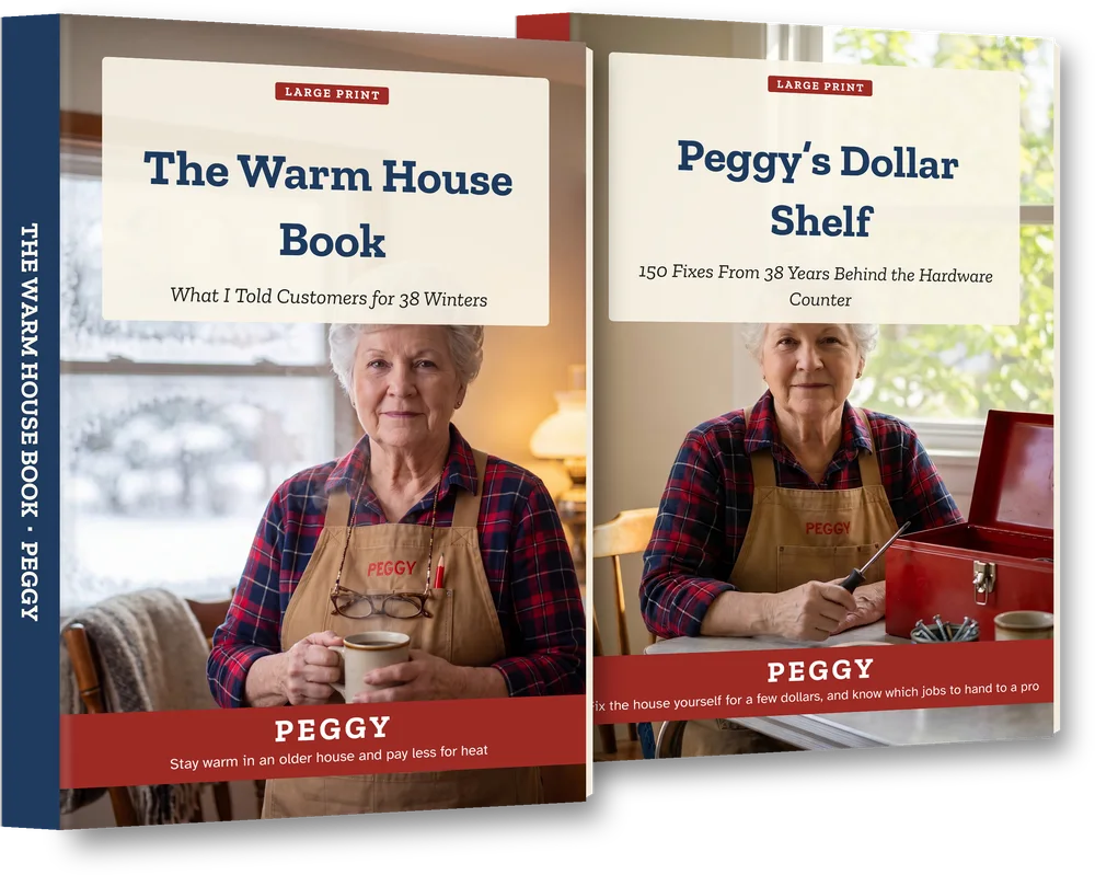 The Warm House Book and Peggy's Dollar Shelf, two large-print books by Peggy