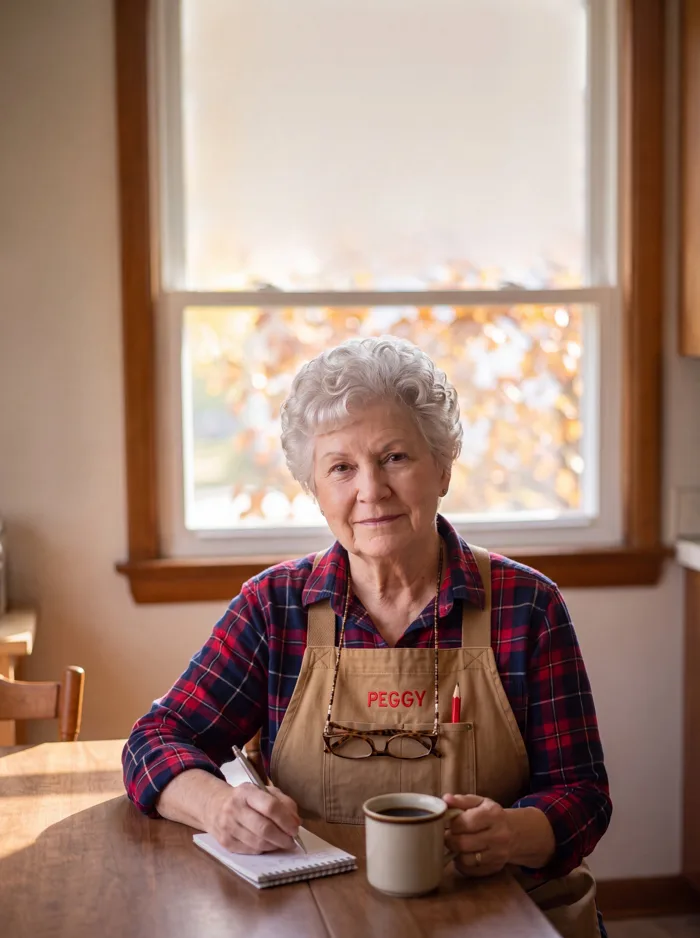 Peggy at her kitchen table with a notebook and a cup of coffee